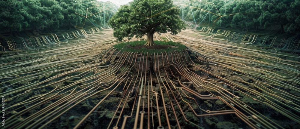 Poster csra and it ethics concept with tree growing on converging point of computer circuit board. blue lig