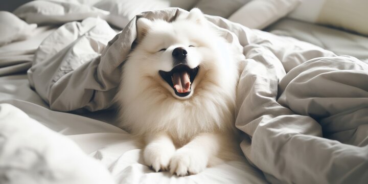 Generated image a close up of a dog laying in a bed, samoyed dog, happy with his mouth open, white sheets, pure joy, soft morning light, cuteness, expressing joy 