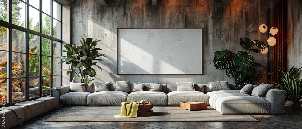 Poster In a 3D rendering, a modern luxury living room with grey sofas and white blank picture frames is seen. This is an idea of large windows in an architecture.