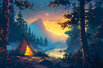 a tent on a lake with trees and mountains in the background - obrazy, fototapety, plakaty