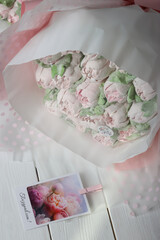 One marshmallow bouquet. Marshmallow flowers. Marshmallow tulips. Homemade marshmallows. Close-up