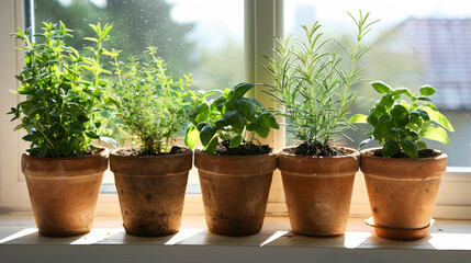 Assortment of Fresh Herbs in Terracotta Pots on Sunny Windowsill