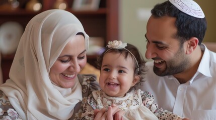 Parents playing with their daughter at home in the Middle East - obrazy, fototapety, plakaty