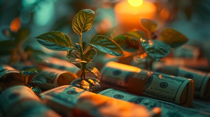 Flare light effects on plants on money - Money Growth Concept - obrazy, fototapety, plakaty