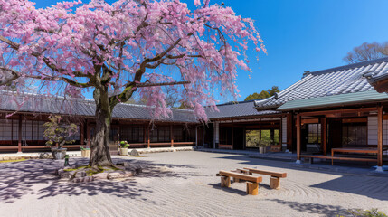 Obraz premium Traditional Japanese Garden with Cherry Blossoms and Teahouse