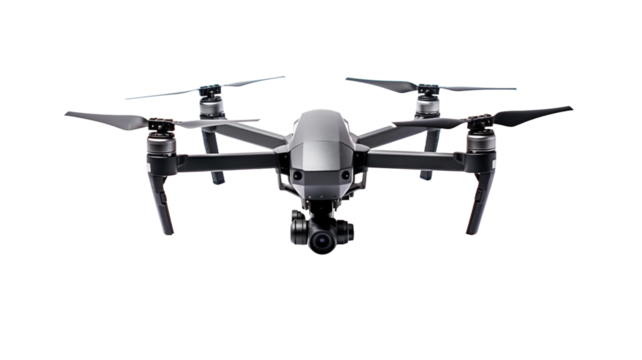Drone quadrocopter with digital camera isolated on PNG transparent or white background.
