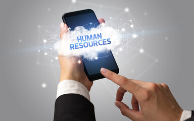 Hand using smartphone with cloud business concept