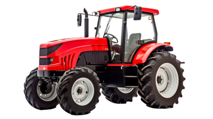 Big red agricultural tractor isolated on a transparent background.