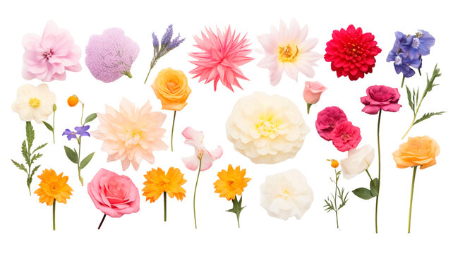 Set of different beautiful flowers on transparent background. 
