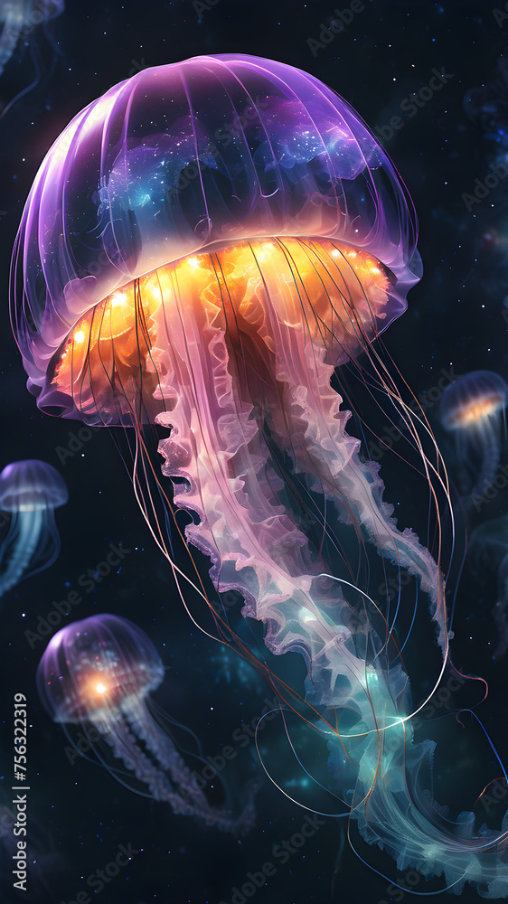Wall mural Underwater Jellyfish and Fish Swimming in Aquarium - Wall murals