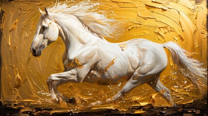 Art painting, gold, horse, horse, wall art, modern artwork, spots, strokes, knife paintings. Large stroke oil painting, mural, art wall. - obrazy, fototapety, plakaty