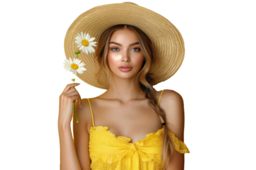In love summer fashion trend style, attractive stylish woman wearing yellow dress and straw hat holding daisy flower isolated on yellow background.