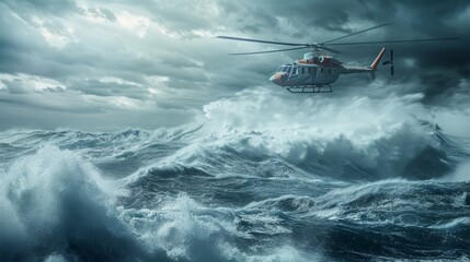 Obraz premium A dramatic scene of a rescue mission at sea, with crashing waves and a helicopter hovering above, ready to save the day.