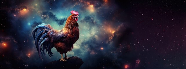 Rooster on cosmic background with space, stars, nebulae, vibrant colors, flames; digital art in fantasy style, featuring astronomy elements, celestial themes, interstellar ambiance - obrazy, fototapety, plakaty