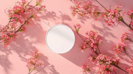 Obraz na płótnie Canvas Empty cosmetic beauty product presentation mockup on trendy pink coral pastel background with light shadows and spring flowers, minimalist flat lay backdrop.