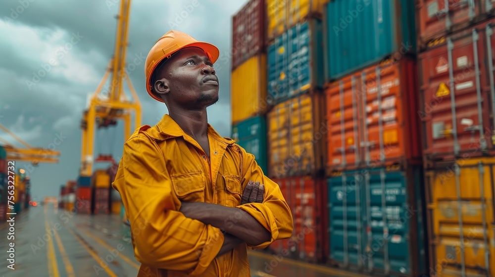 Poster the engineer stands confidently on site in front of the container yard terminal. the warehouse emplo