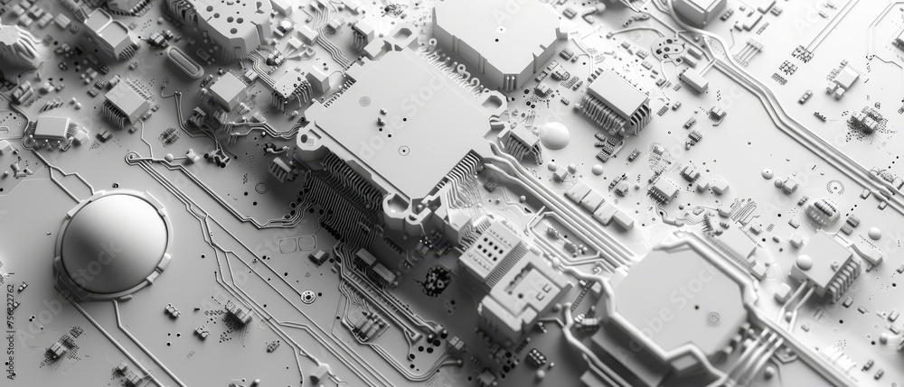Poster Background of printed circuit board with white texture. Computer technology background. Information technology background. Space for text. Gray scale pcb background.