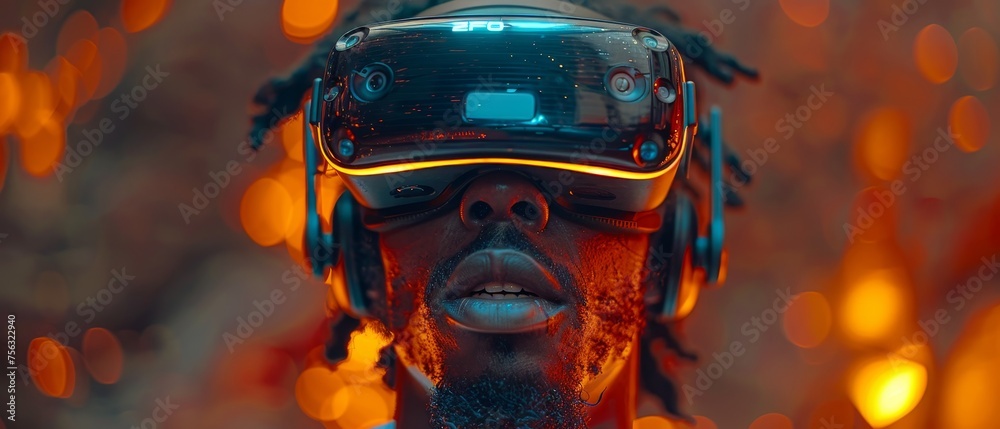 Poster with copy space on the left, a black man in a virtual reality headset explores a metaverse world by 