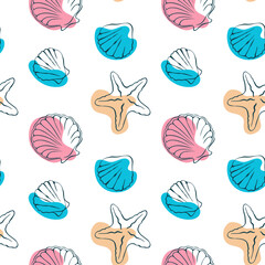seamless pattern with seashells and starfish on white background.