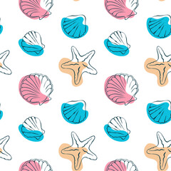 seamless pattern with seashells and starfish on white background.