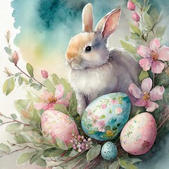 Easter card with a bunny, a sheep, eggs, spring flowers, a wreath in a watercolor style.