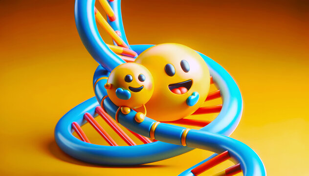 Two smiling 3D emoji figures, one large and one small, hugging on a DNA twisted blue and red structure against a vibrant yellow background.