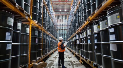 sealed drums and tanks, a worker meticulously inspects inventory records and conducts routine checks to maintain the integrity of containment systems at a chemical storage facility.