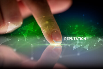 Finger touching tablet with business connection concept