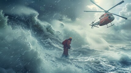 A dramatic scene of a rescue mission at sea, with crashing waves and a helicopter hovering above, ready to save the day.