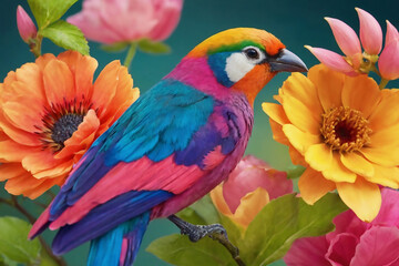 Colorful Flower Lover Bird. Ai generate 