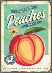  Retro advertising poster for delicious peaches. Fruit market vintage tin sign. Food vector illustration. © lukeruk