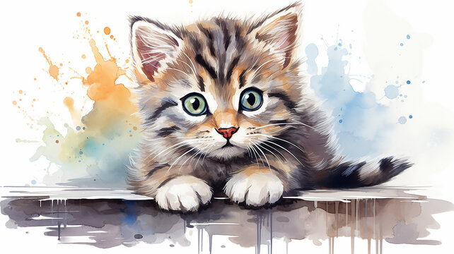 Cute cat kitten is a furry playful pet in a spray of bright watercolor paints
