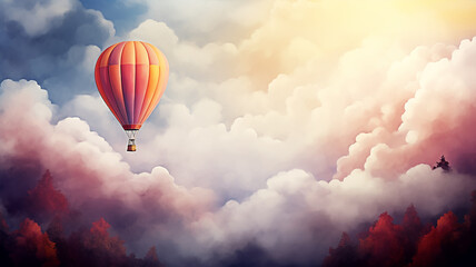 A balloon is flying about the sky among the clouds, a background postcard in watercolor style - obrazy, fototapety, plakaty