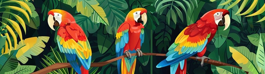 Fototapeta premium illustration of three colorful parrots in the jungle and bold colors, simple background