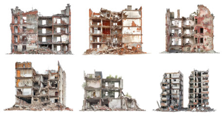 Demolished buildings isolated on transparent background. 