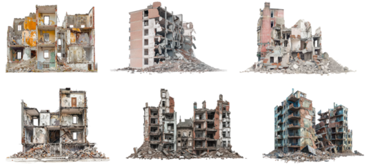 Demolished buildings isolated on transparent background. 