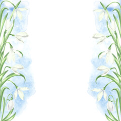 Postcard template with white snowdrops and blue watercolor stain. Spring summer background watercolor arrangement, flowers frame with copy space. Isolated hand drawn illustration for invitation, card.