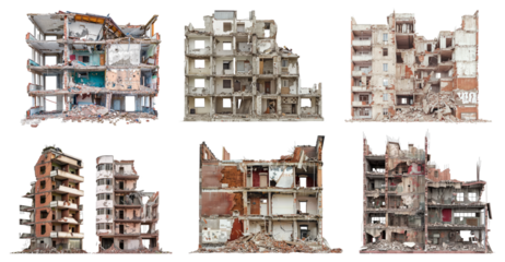 Demolished buildings isolated on transparent background. 