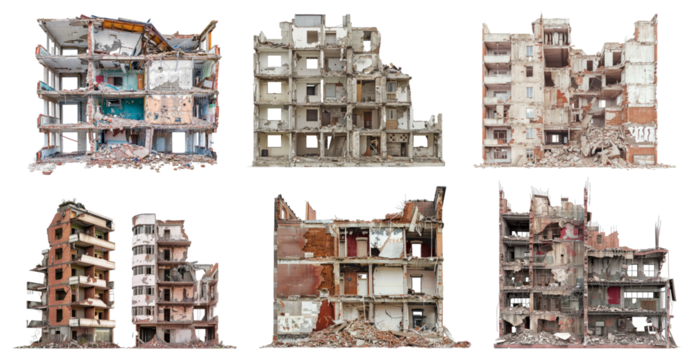 Demolished buildings isolated on transparent background. 