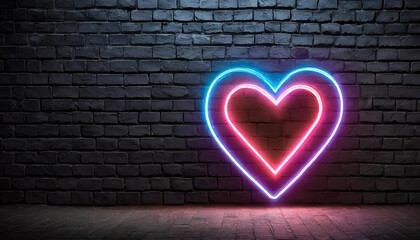 Glowing neon blue-pink heart on black brick wall.