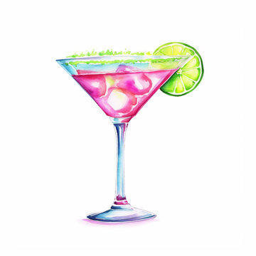 Watercolor hand painted pink vodka cocktail glass with lime fruit simple sketch illustration on white background for menu, ads and social media