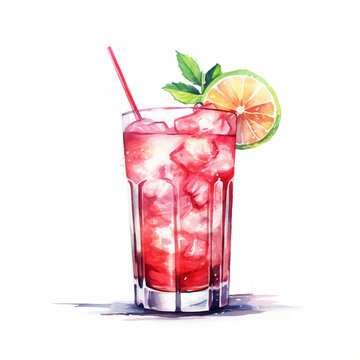 Watercolor hand painted pink vodka cocktail glass with lime fruit simple sketch illustration on white background for menu, ads and social media