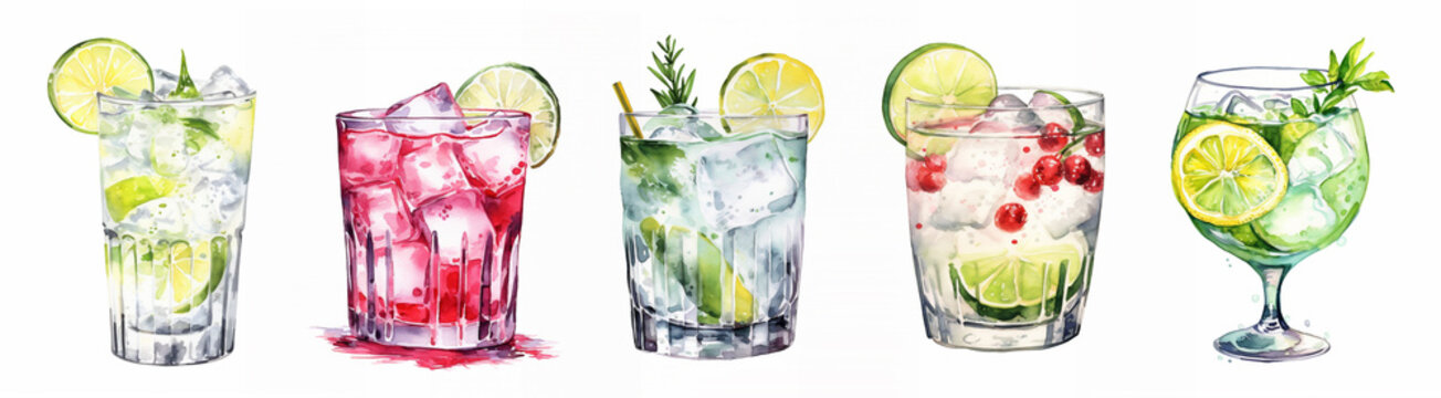 Watercolor hand painted summer tropical alcoholic cocktails glass with exotic fruits simple sketch illustration collection on white background for menu, ads and social media