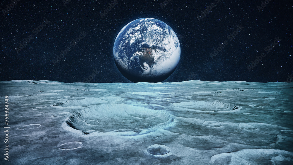 Poster surface of the moon view with craters in space with stars and planet. planet earth view from the moo