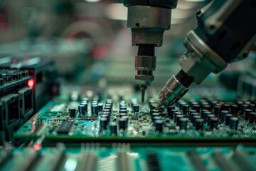 robotic arm is using an electric pick and place machine to place components on a circuit board in a factory for network chip production
