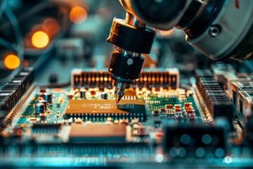 robotic arm is using an electric pick and place machine to place components on a circuit board in a factory for network chip production