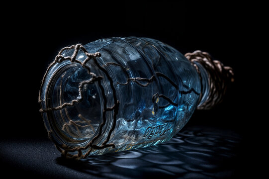 A blue cracked old bottle with net tied around on dark background.