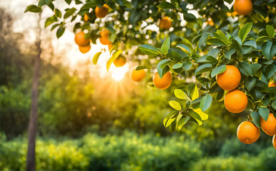 Abundant orange tree with ripe oranges in focus foreground, garden setting background - 756325340
