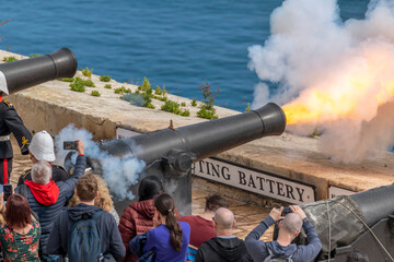 Saluting Battery gun fires at midday, Valletta, Malta