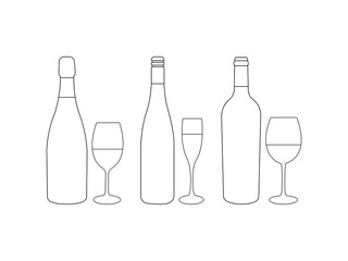 Set of Wine Bottle with Glass Outline icon in various poses isolated on white background